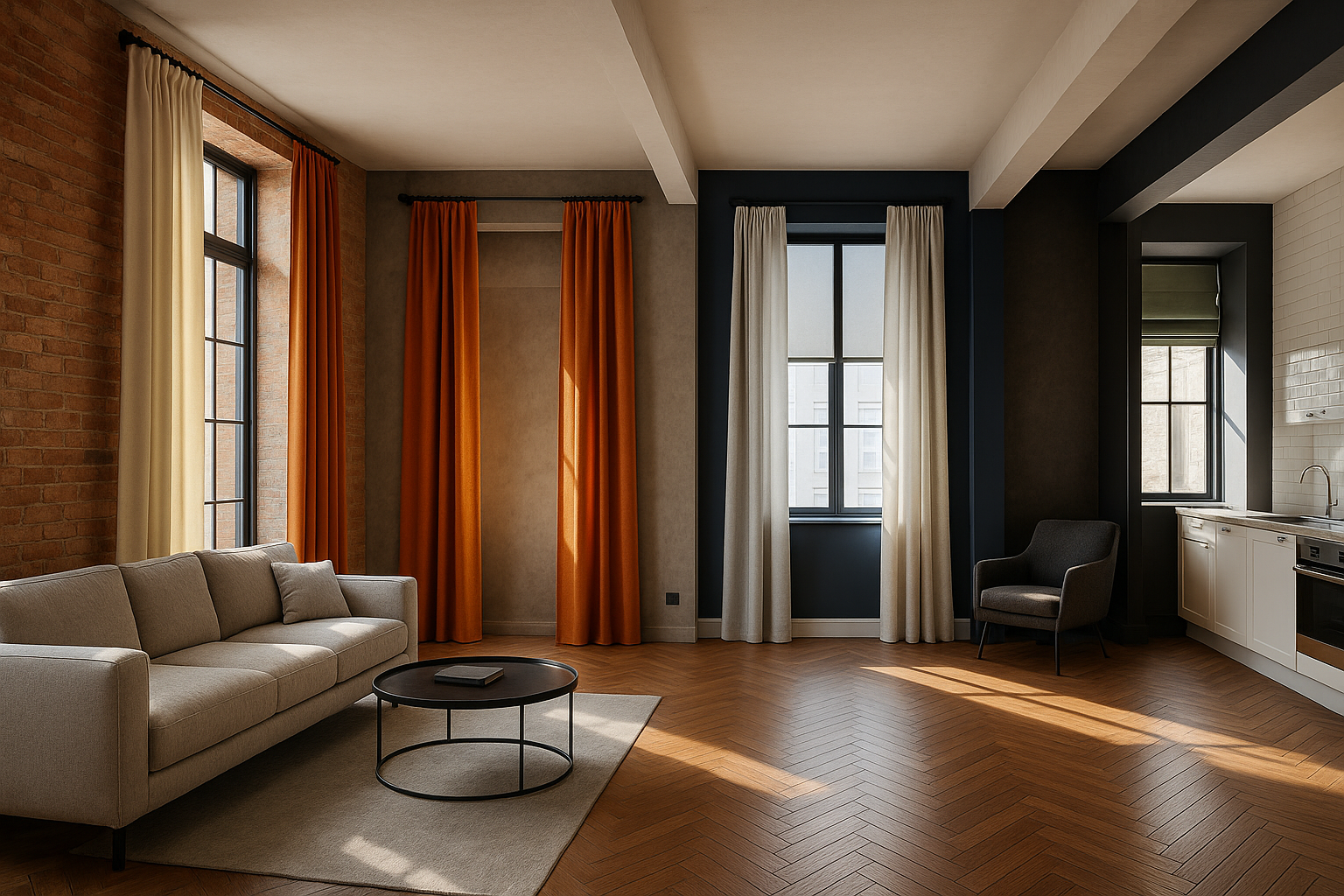 The color of the curtains does not have to match the wall color to look good