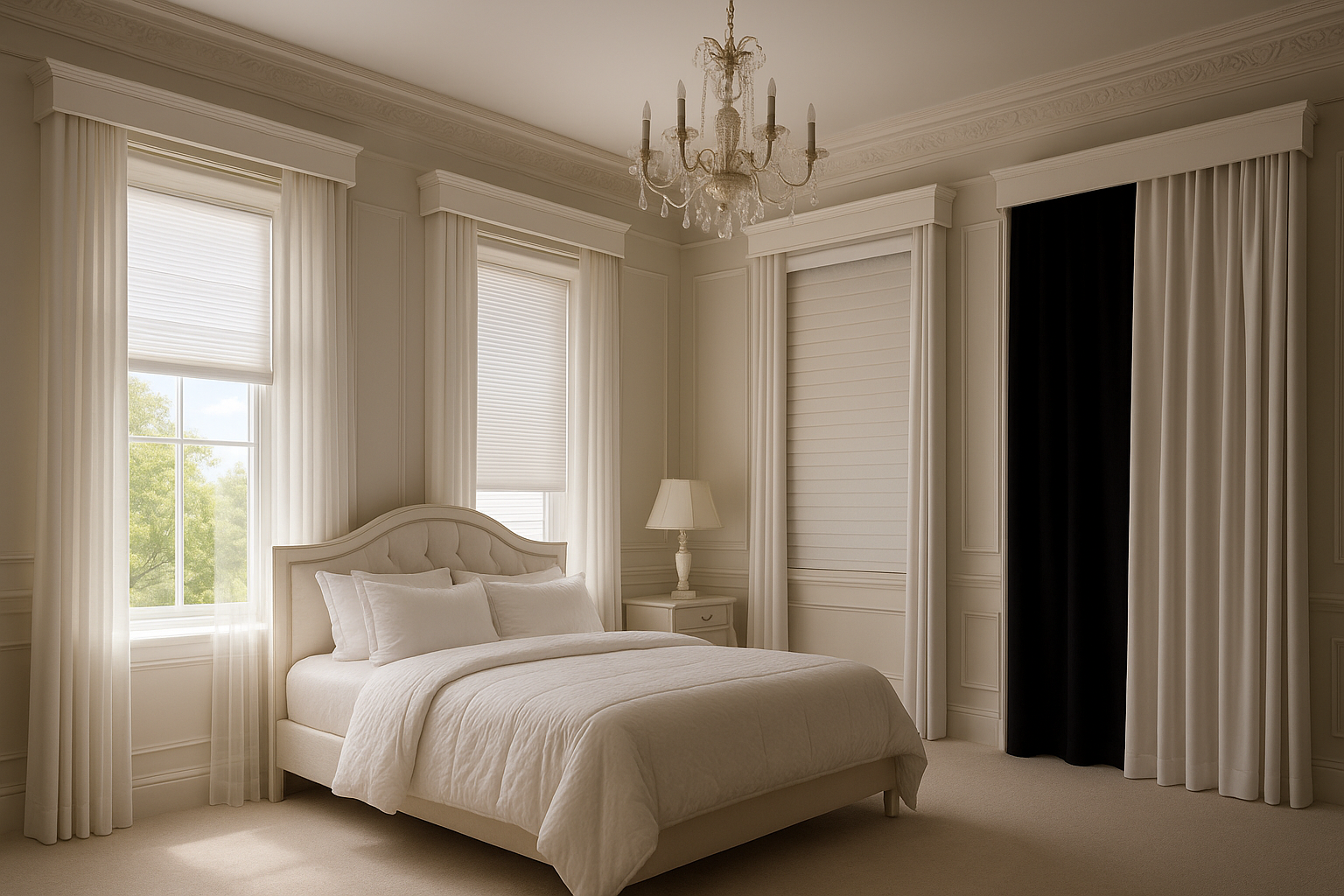 European style white blackout curtains blocking sunlight day and night in elegant bedroom