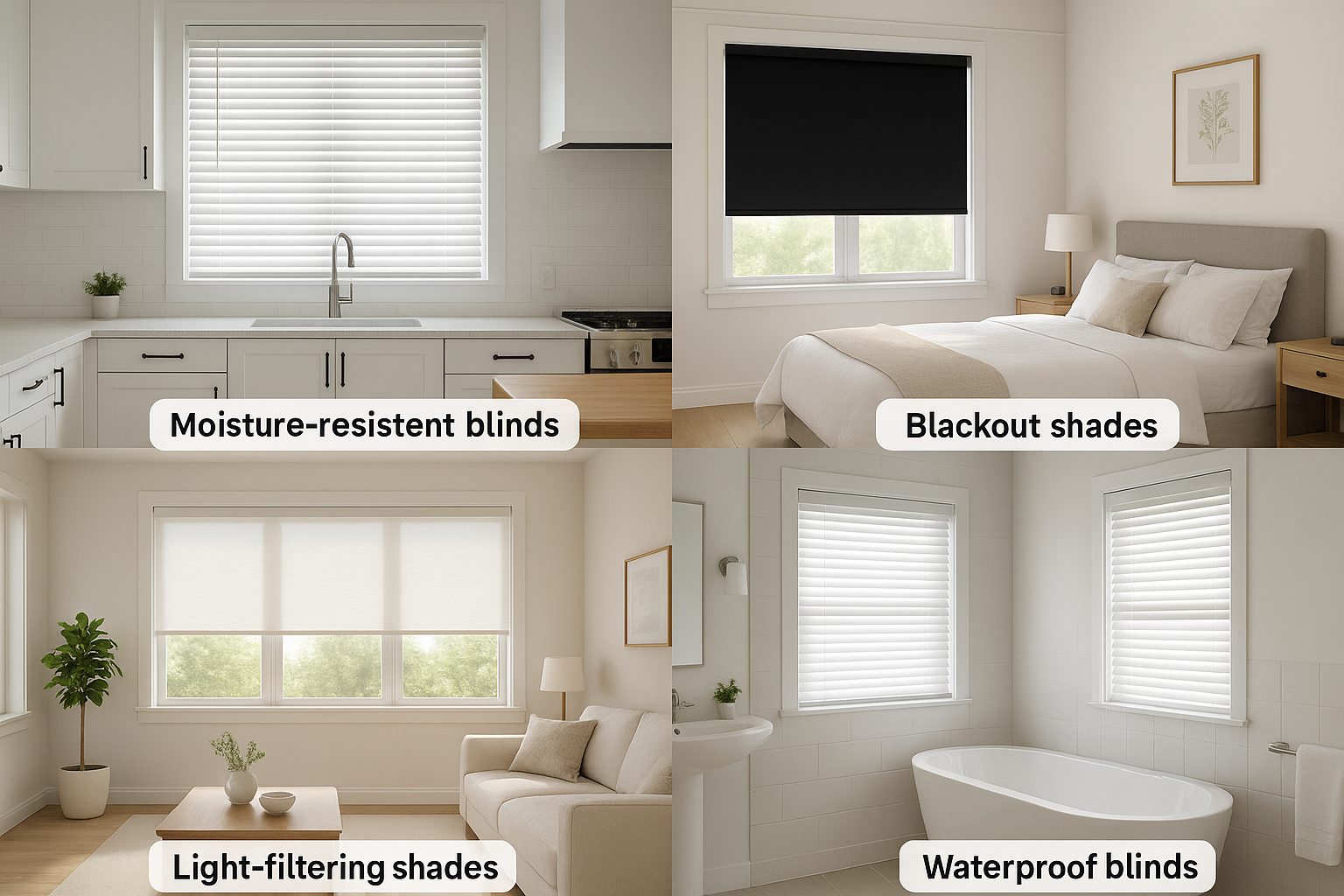 Modern home interior showing different types of blinds and shades for each room - kitchen with moisture-resistant roller shades, bedroom with blackout cellular shades, and living room with light-filtering window treatments - complete guide for choosing th