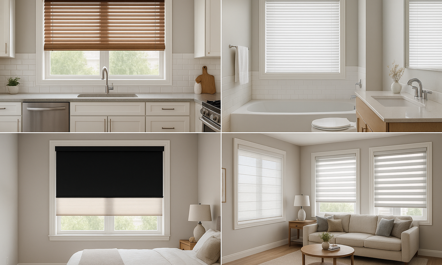 Custom Roman shades installed in modern living rooms create soft light and a private atmosphere