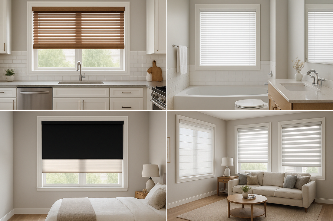 Custom Roman shades installed in modern living rooms create soft light and a private atmosphere