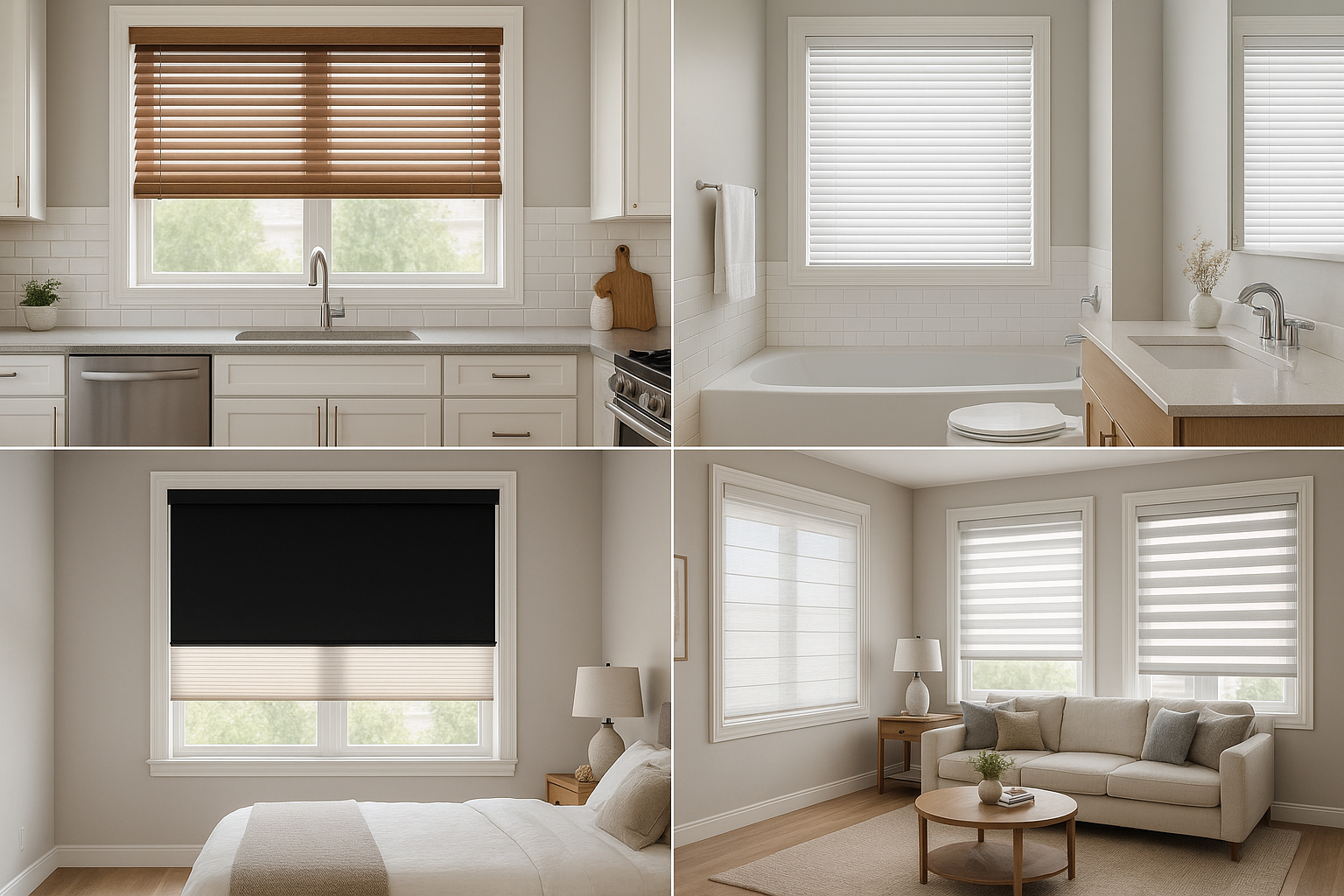 Custom Roman shades installed in modern living rooms create soft light and a private atmosphere