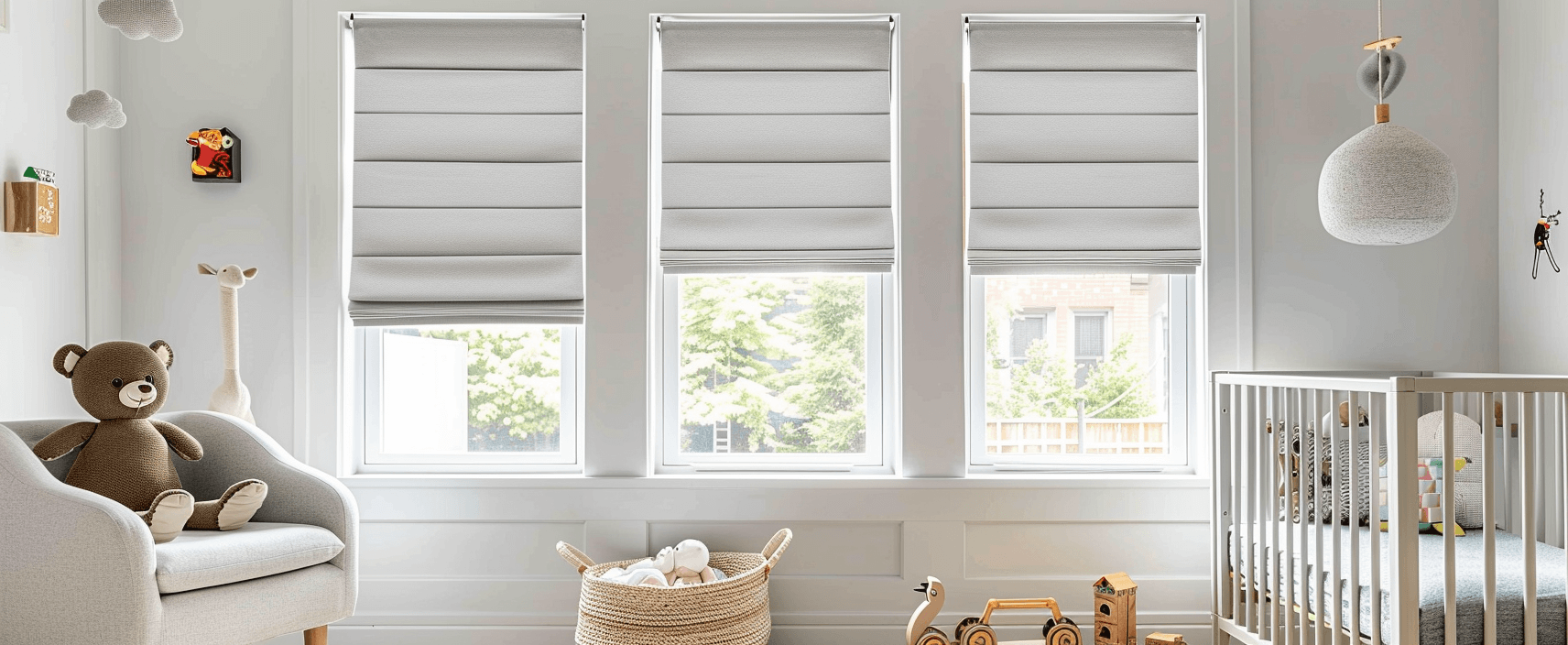 Modern home interior guide showing different types of blinds and shades for each room - faux wood blinds for kitchen and bathroom, blackout roller shades for bedroom, and light-filtering shades for living room - complete window treatment selection guide