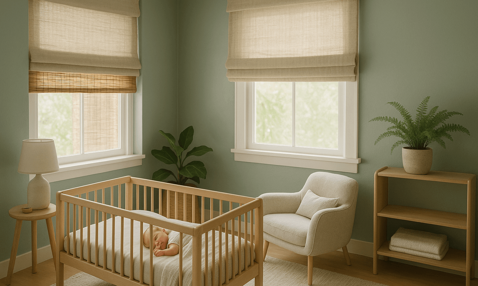 Baby nursery with non-toxic curtains in calming colors creating a safe and peaceful environment for infant sleep and development