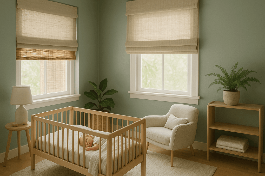 Baby nursery with non-toxic curtains in calming colors creating a safe and peaceful environment for infant sleep and development