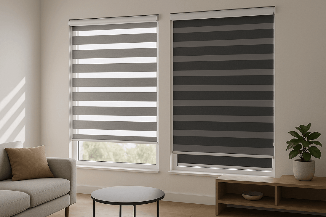 Zebra shades window treatment showing alternating sheer and opaque fabric strips for flexible light control and privacy