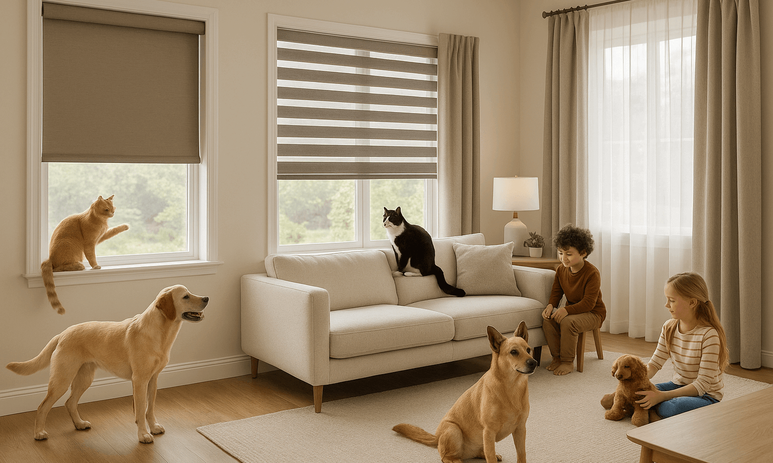 Pet-friendly window treatments showing durable blinds and curtains designed to withstand pets and protect home decor