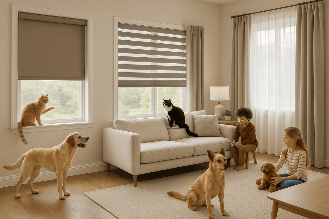 Pet-friendly window treatments showing durable blinds and curtains designed to withstand pets and protect home decor