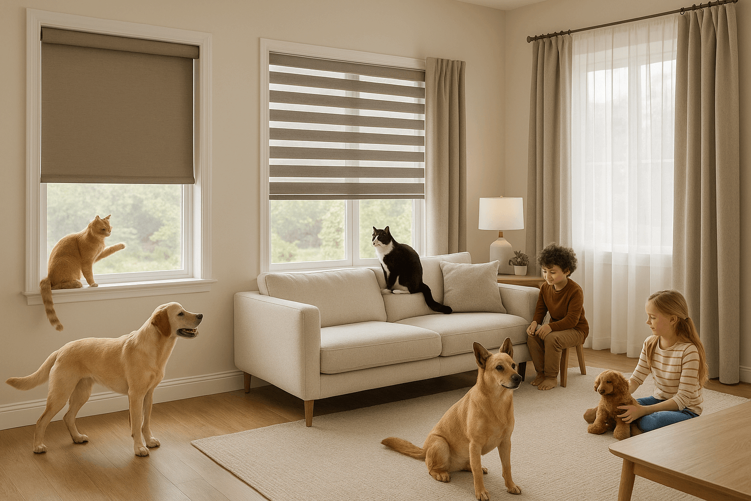 Pet-friendly window treatments showing durable blinds and curtains designed to withstand pets and protect home decor