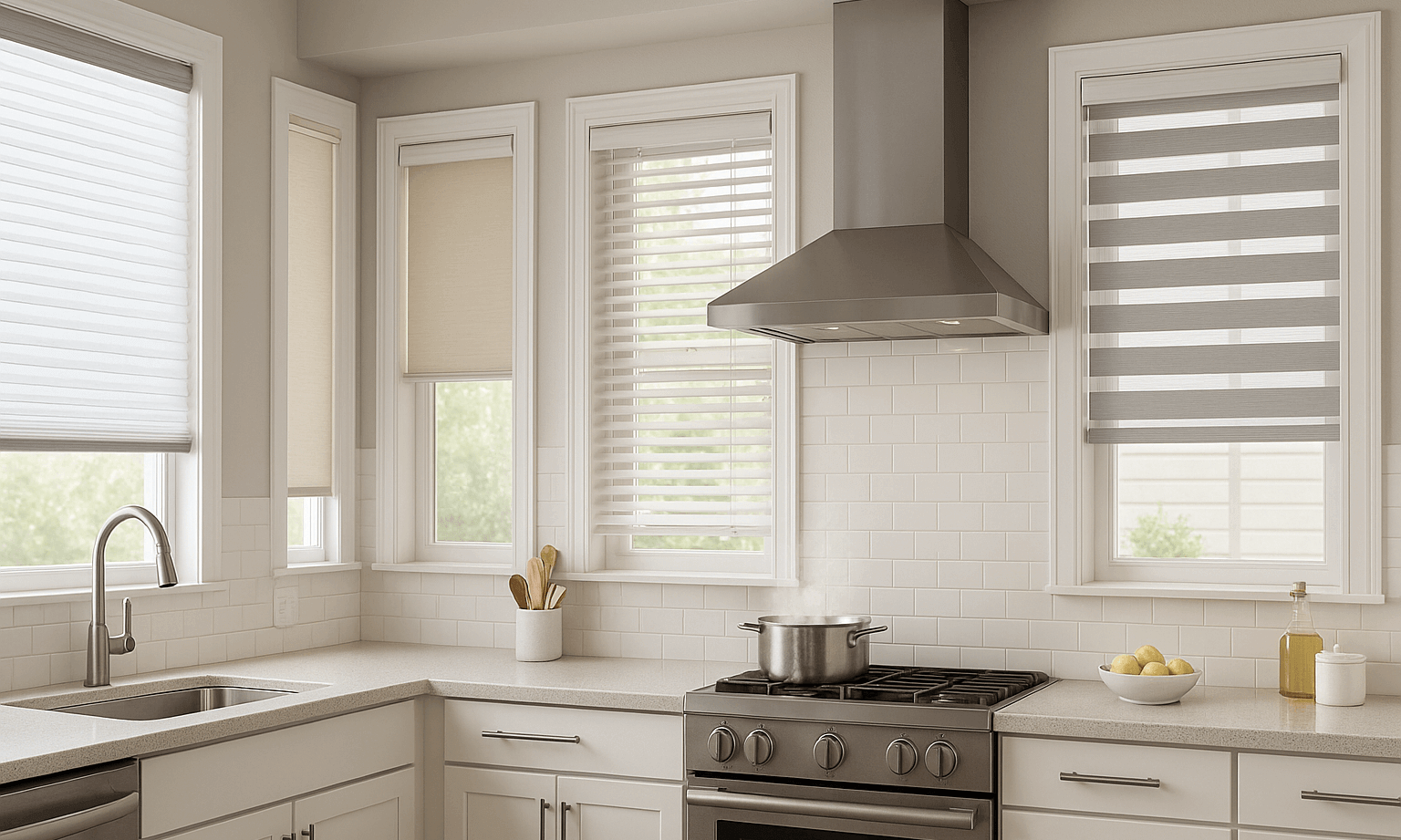 Modern kitchen window with stylish curtains showing moisture-resistant and heat-resistant window treatment options for cooking areas