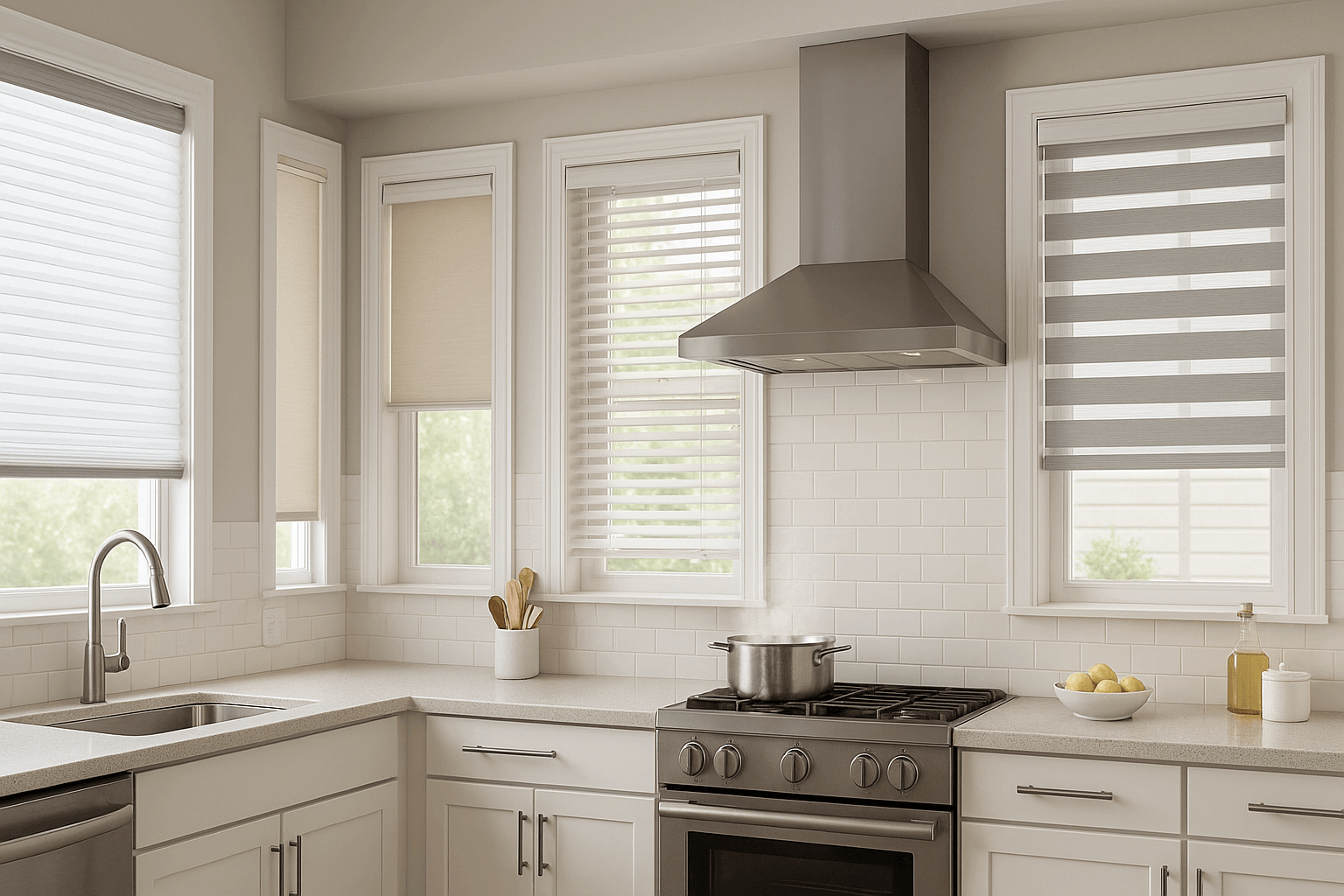 Modern kitchen window with stylish curtains showing moisture-resistant and heat-resistant window treatment options for cooking areas