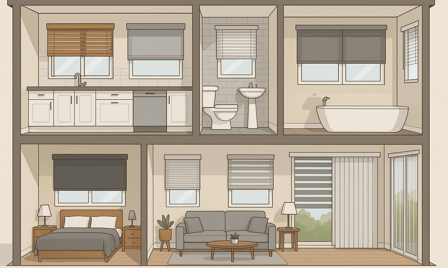 Various types of blinds and shades displayed for different rooms including kitchen, bedroom, and living room window treatment options