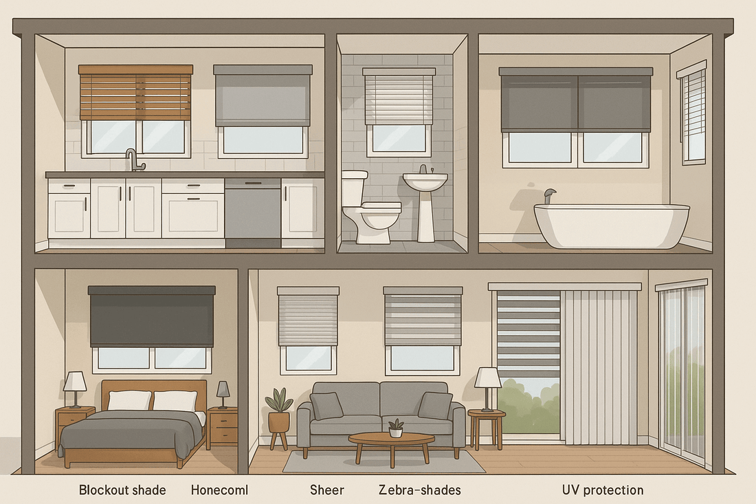 Various types of blinds and shades displayed for different rooms including kitchen, bedroom, and living room window treatment options