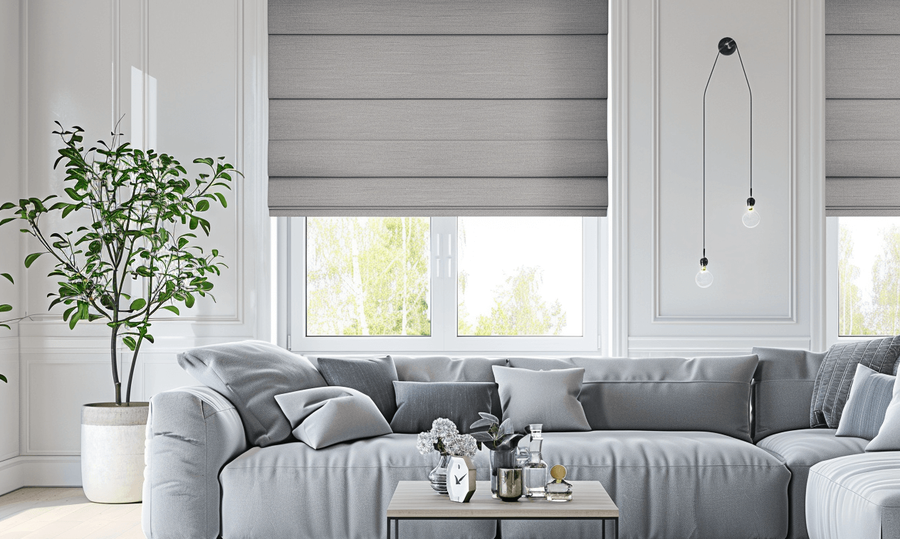 Modern home interior guide showing different types of blinds and shades for each room - faux wood blinds for kitchen and bathroom, blackout roller shades for bedroom, and light-filtering shades for living room - complete window treatment selection guide