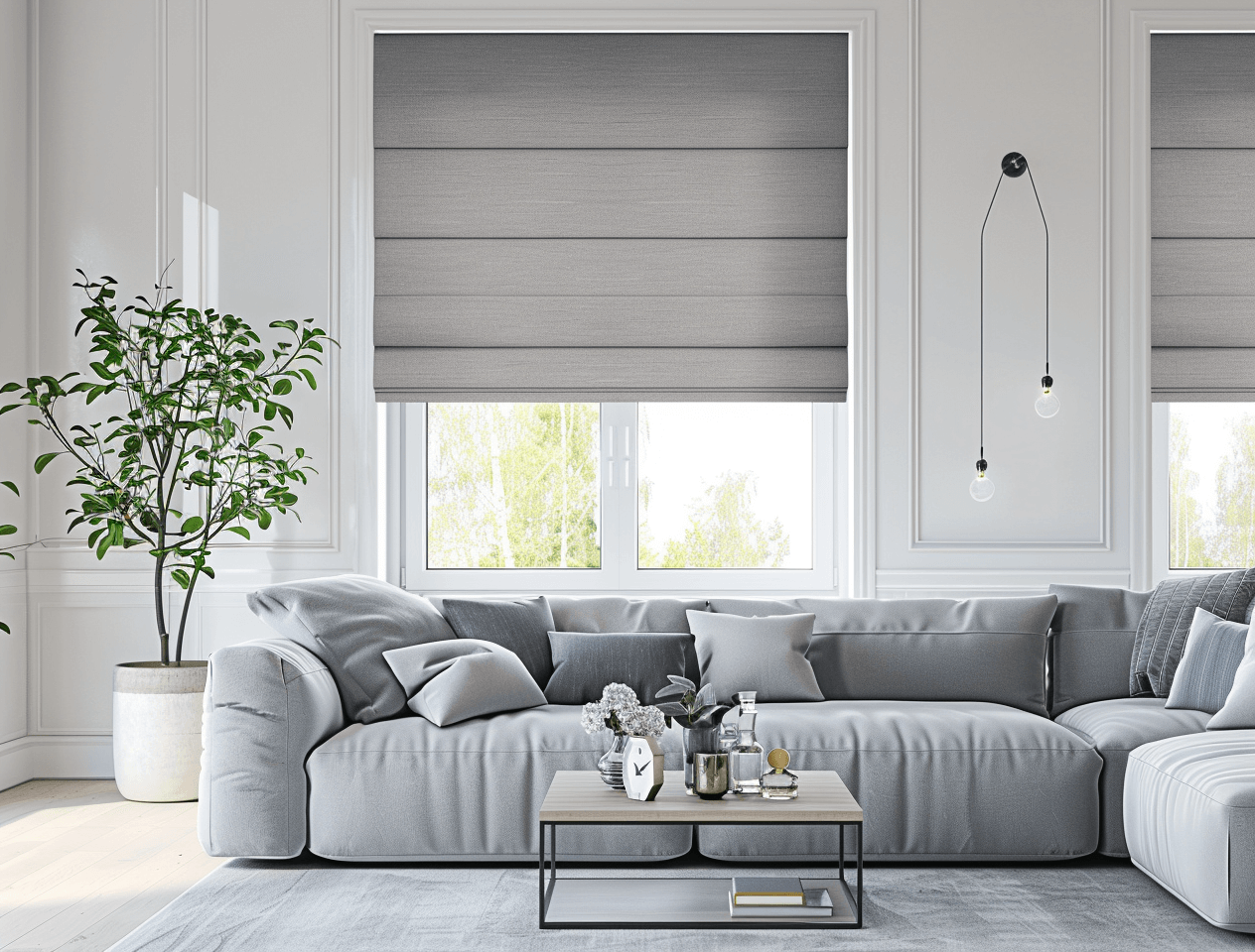 Modern home interior guide showing different types of blinds and shades for each room - faux wood blinds for kitchen and bathroom, blackout roller shades for bedroom, and light-filtering shades for living room - complete window treatment selection guide