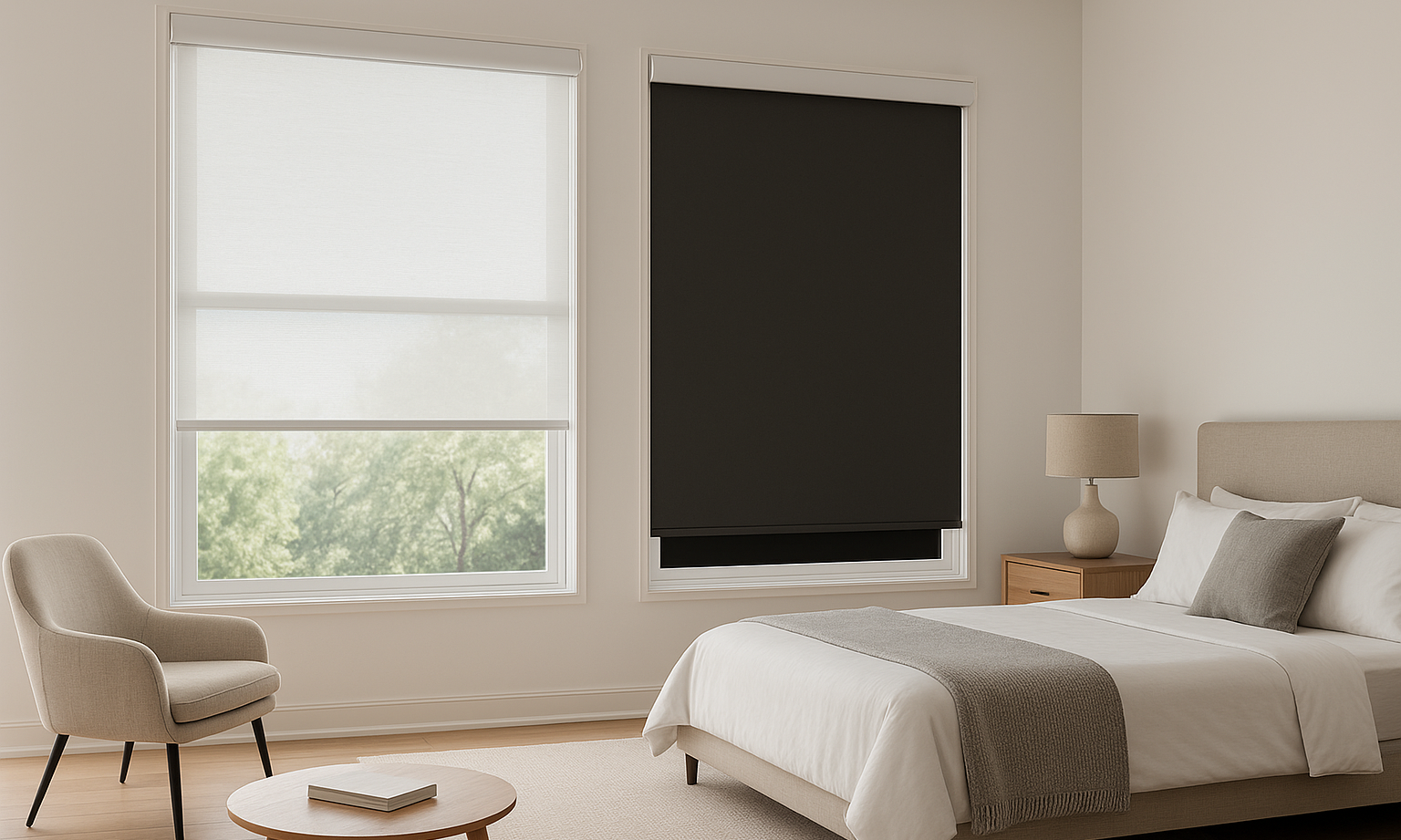 Berissa cordless dual roller shades modern style versatility light filtering blackout layers safe window treatment no cords minimalist design bedroom living room day night control contemporary home interior