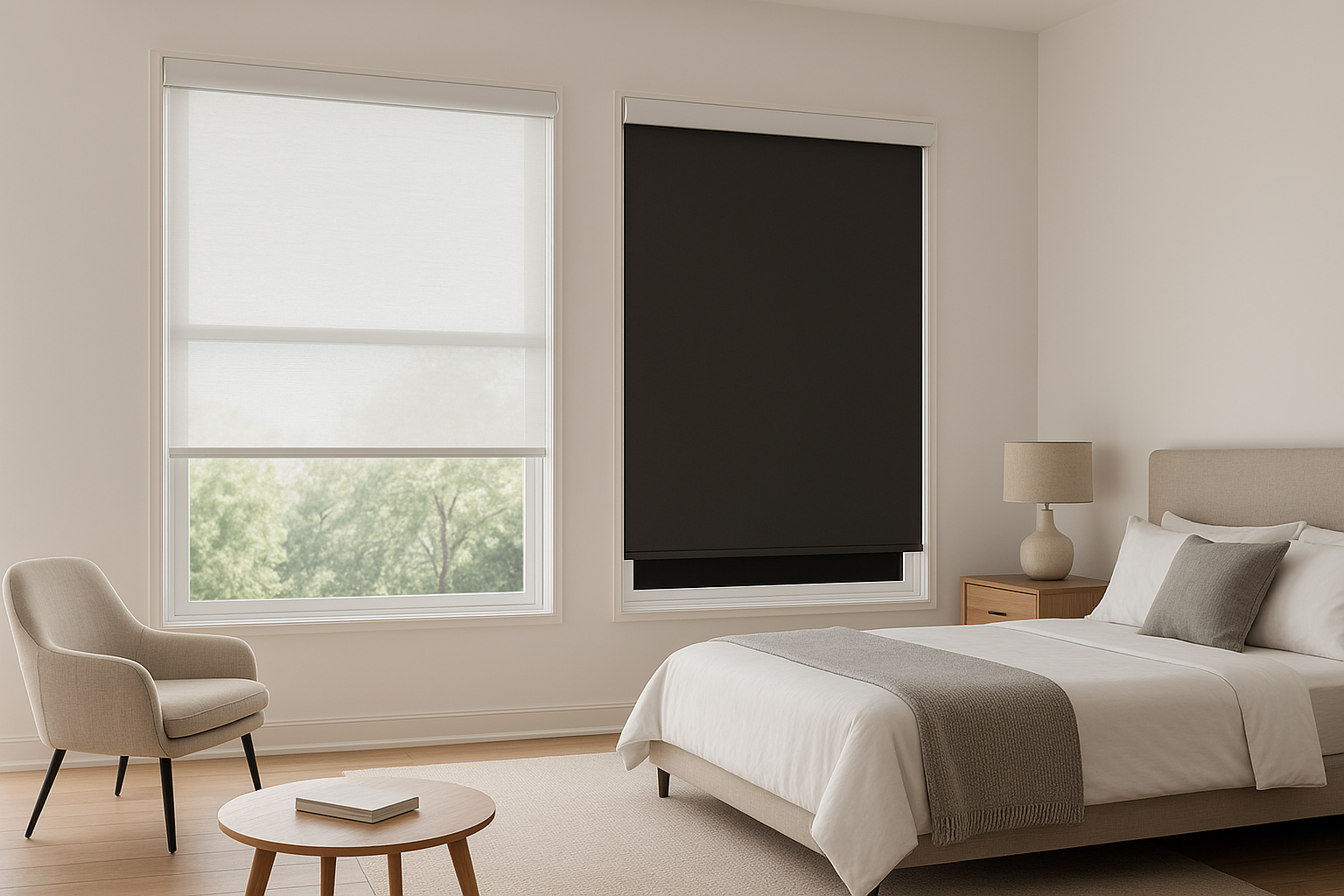 Berissa cordless dual roller shades modern style versatility light filtering blackout layers safe window treatment no cords minimalist design bedroom living room day night control contemporary home interior