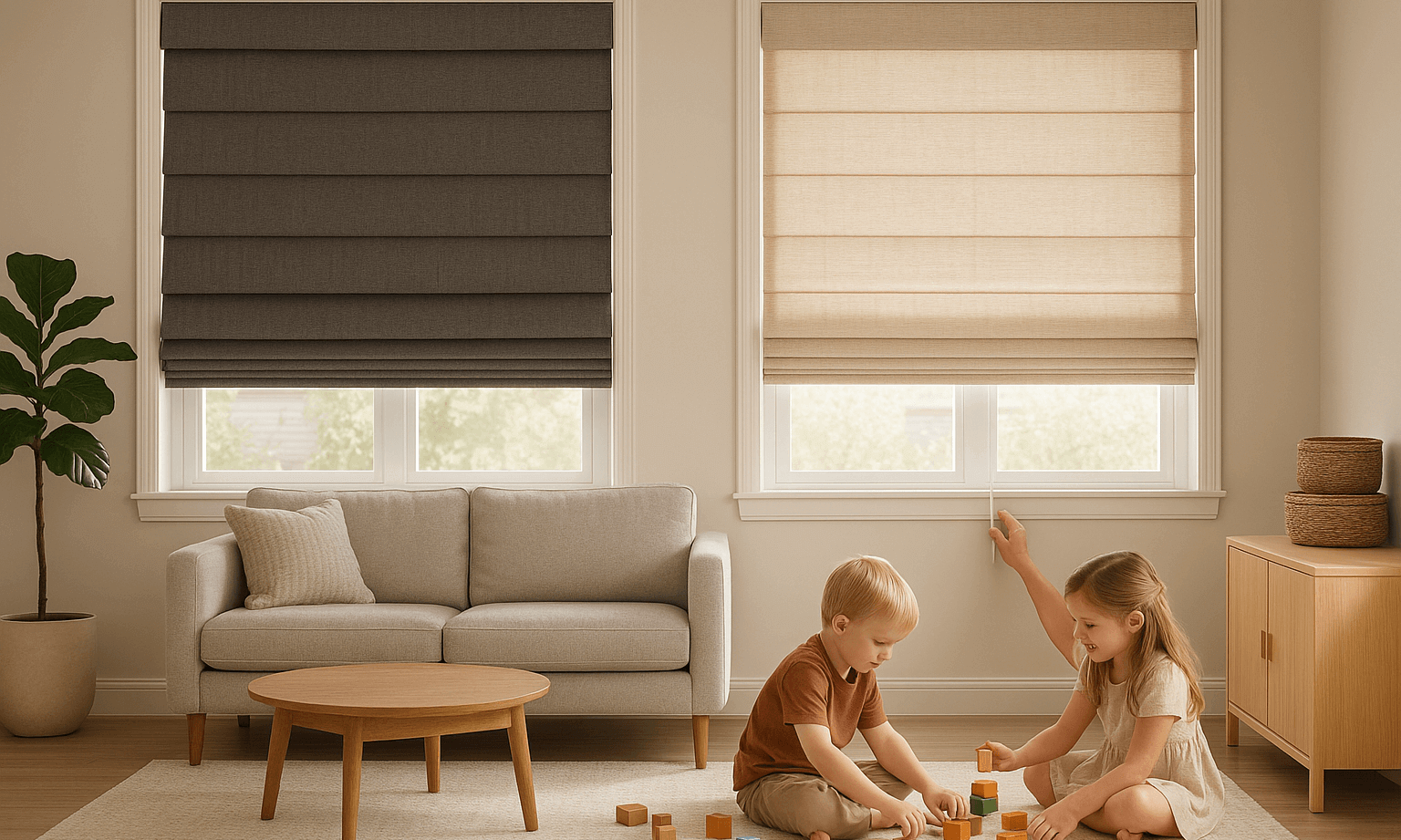 Cordless Roman shades in modern home interior showing child-safe window treatment design without exposed cords
