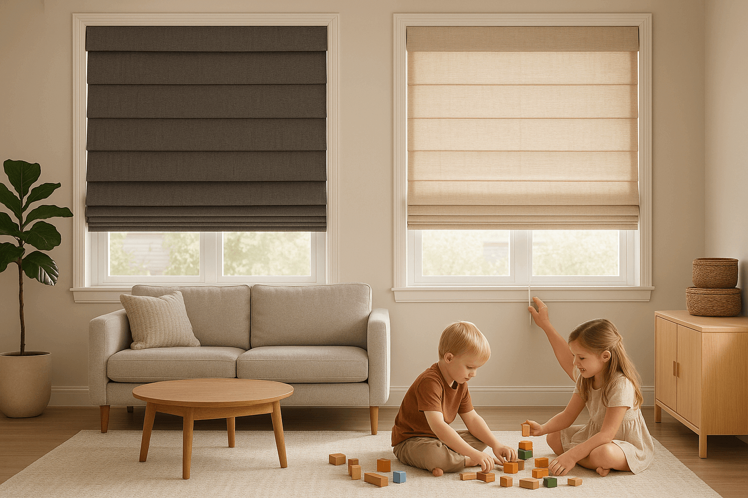 Cordless Roman shades in modern home interior showing child-safe window treatment design without exposed cords