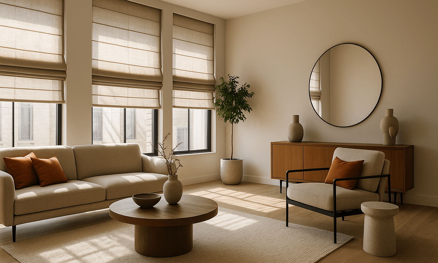 Modern Roman shades interior design showcasing 2025 home decor trends with natural light control and tailored window treatments