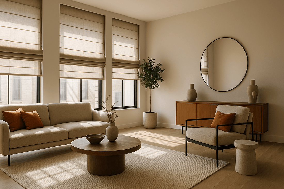 Modern Roman shades interior design showcasing 2025 home decor trends with natural light control and tailored window treatments