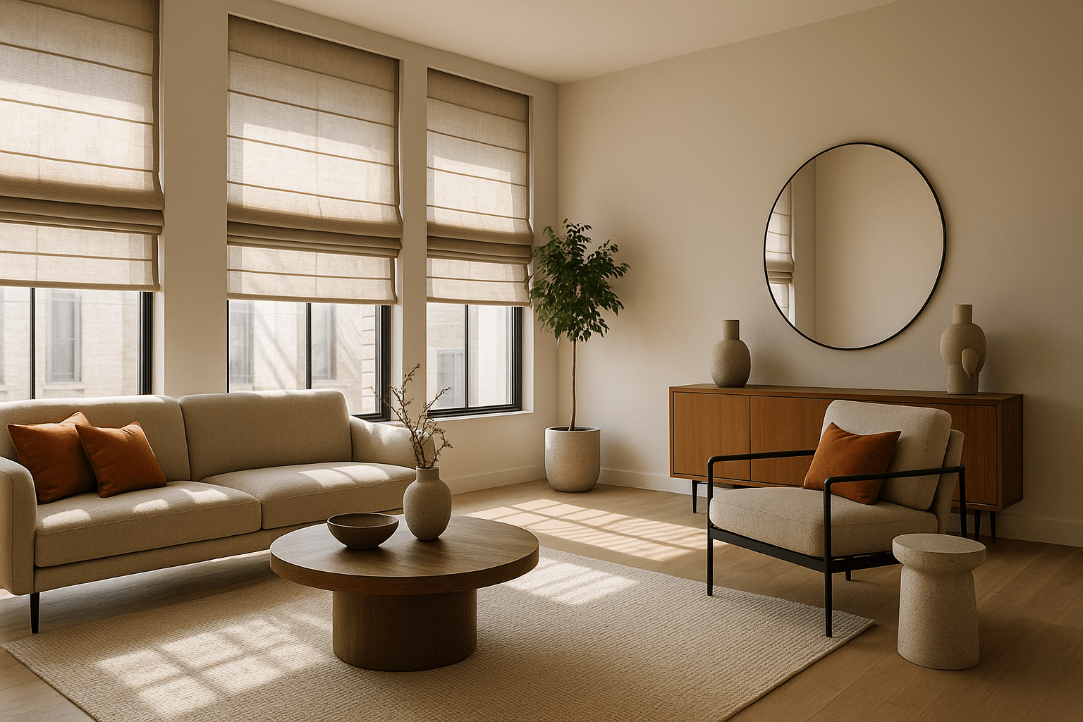 Modern Roman shades interior design showcasing 2025 home decor trends with natural light control and tailored window treatments