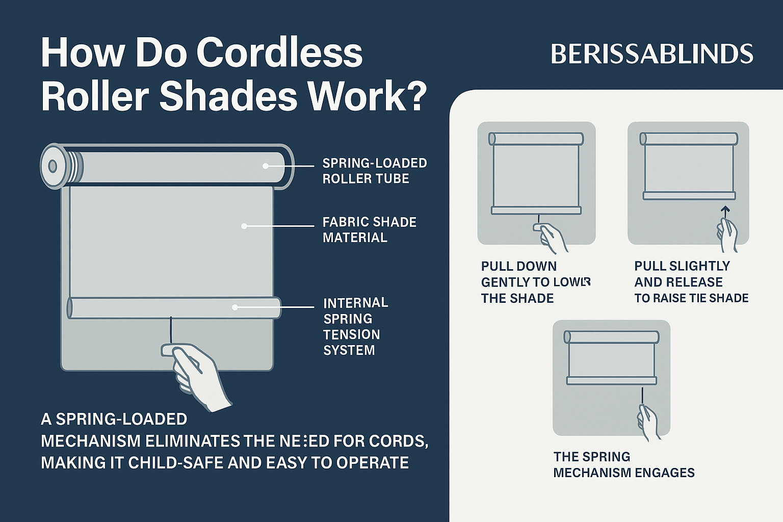 Cordless roller shades mechanism demonstration showing internal components and operation system for window treatment