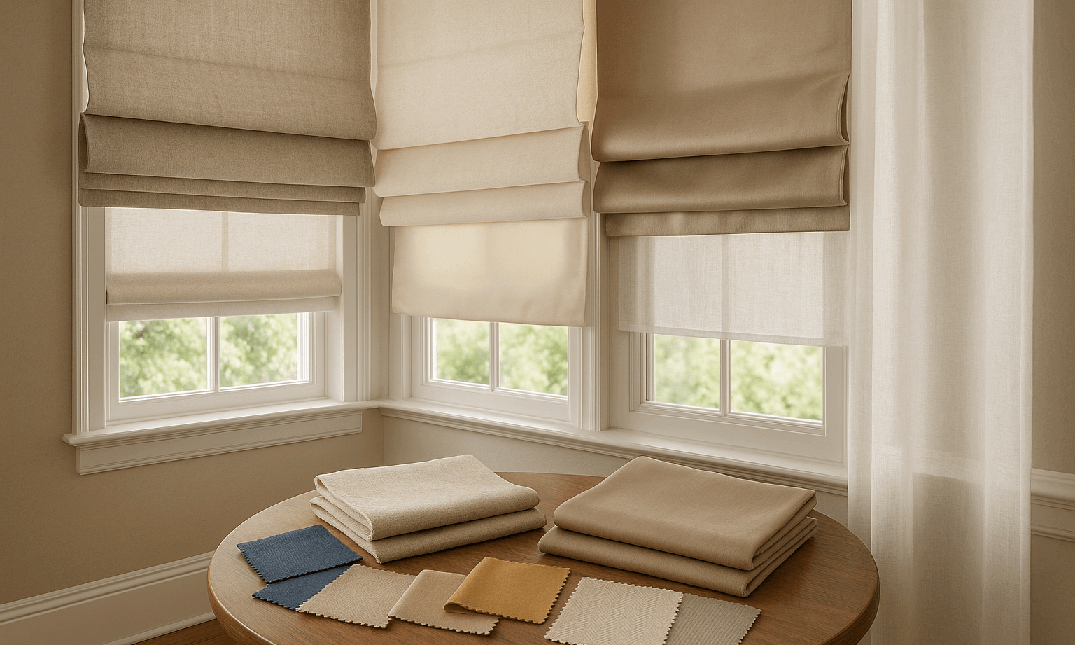Different fabric samples for Roman curtains including linen and polyester materials displayed for comparison and selection guide