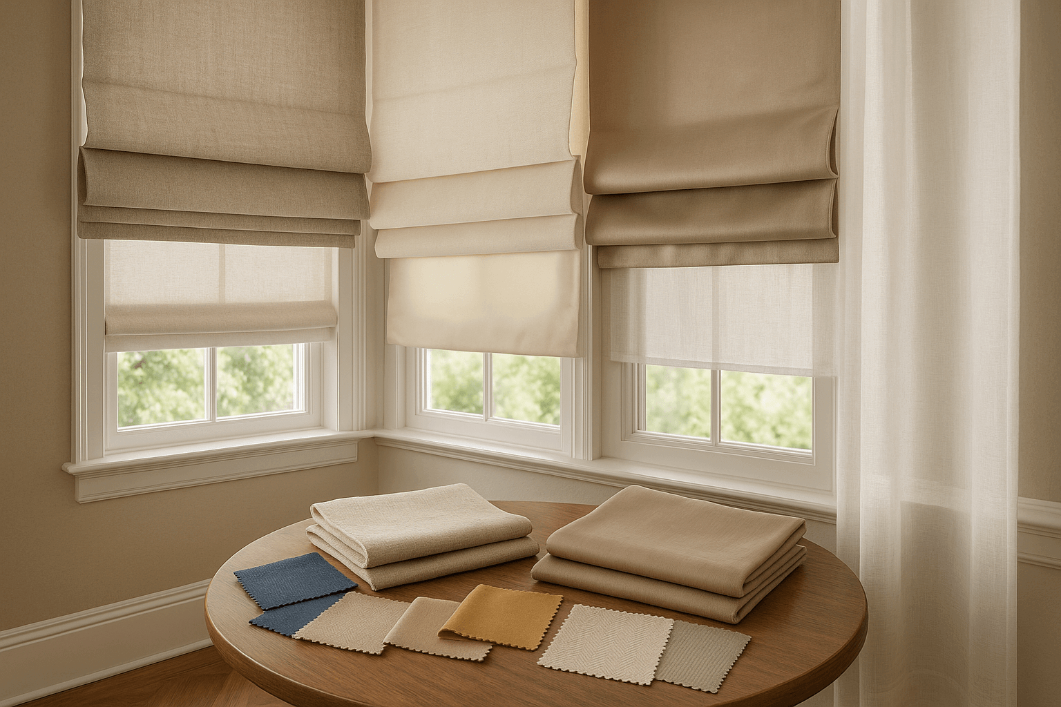 Different fabric samples for Roman curtains including linen and polyester materials displayed for comparison and selection guide