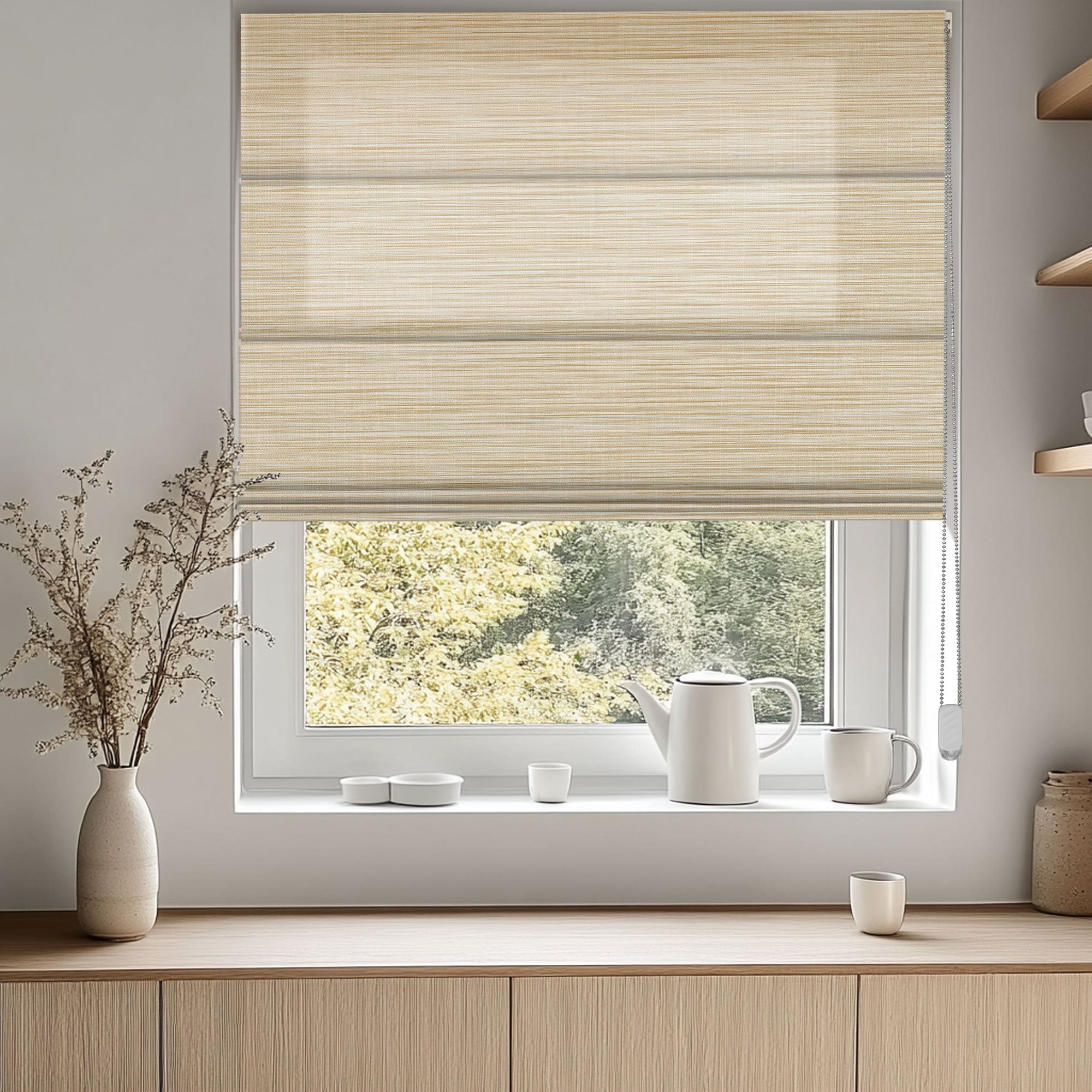 Berissa Corded Natural Warmth Subtle Stripes Beige Harmony Roman Blind in a bright window setting.