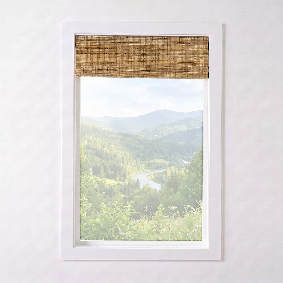 Berissa Natural Bamboo Ramie Woven No Drill No Tool Shades covering a window with a scenic mountain view.