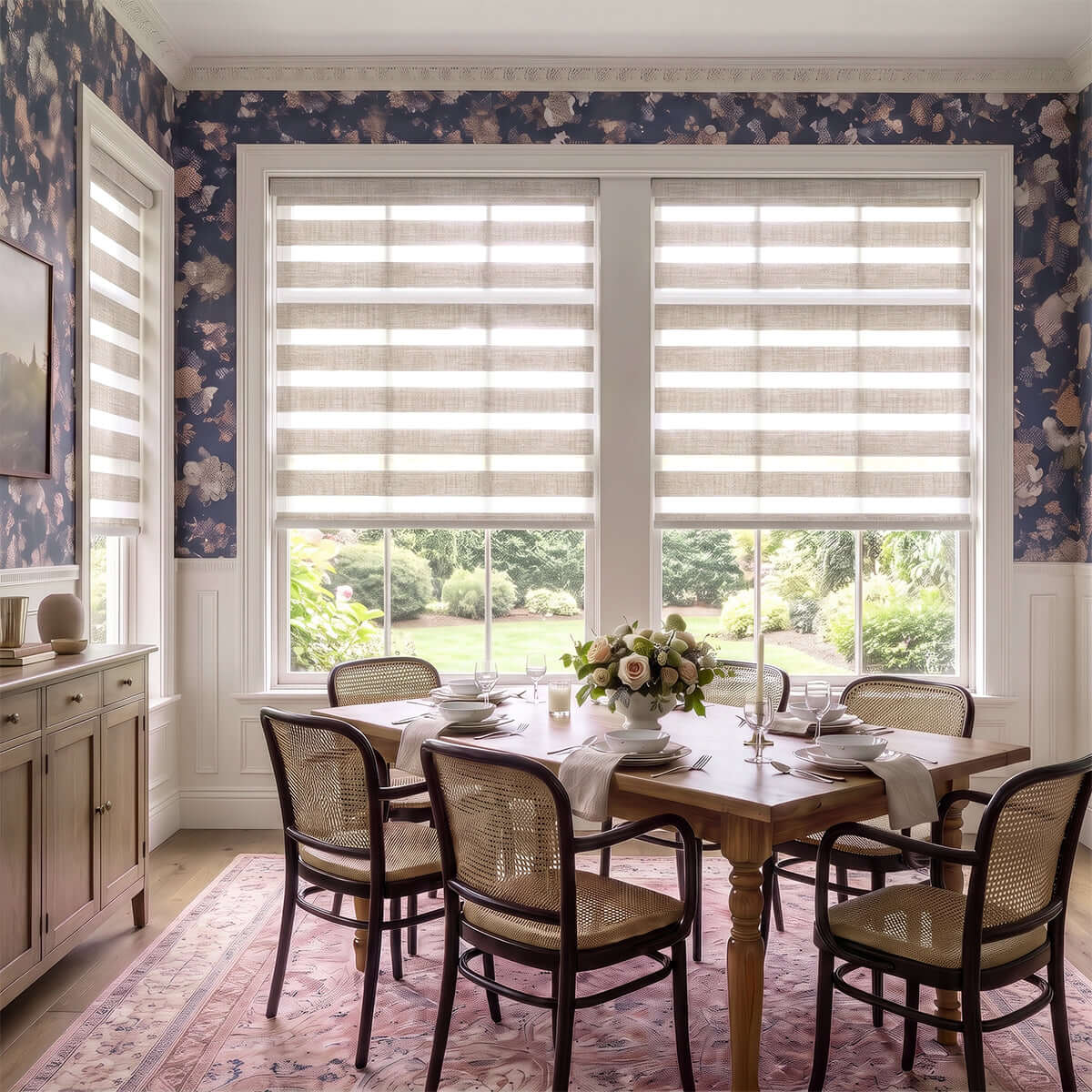Berissa Custom No Drill Zebra Day Night Dual Roller Blind in a stylish dining room with floral wallpaper.