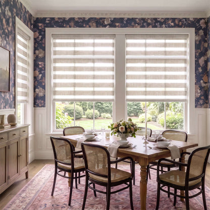Berissa Custom No Drill Zebra Day Night Dual Roller Blind in a stylish dining room with floral wallpaper.
