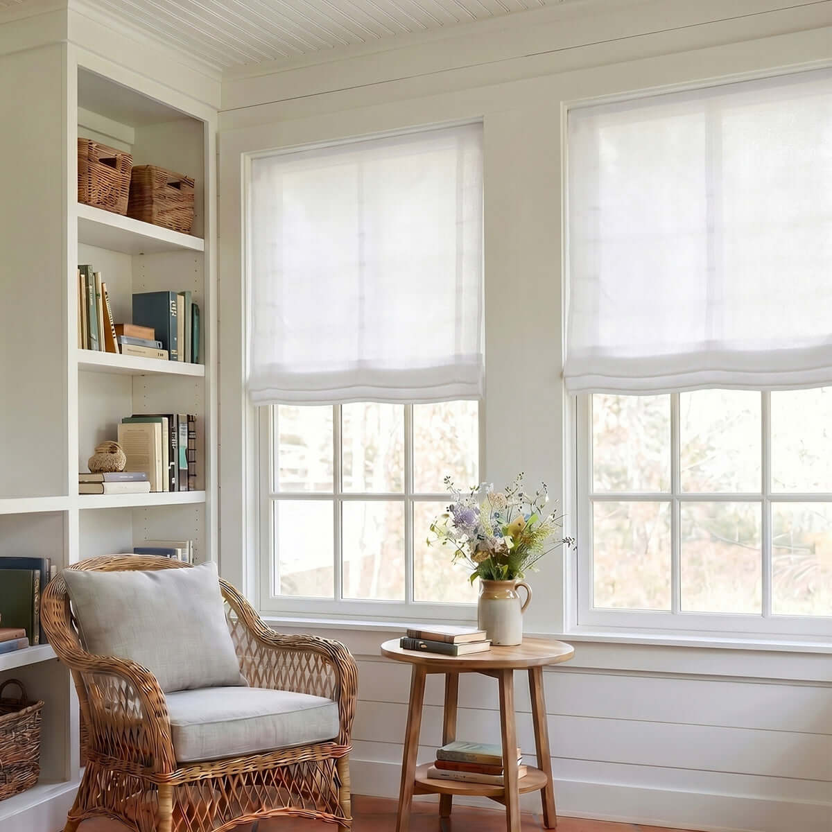Cozy reading nook featuring Berissa No Drill No Tool Soft Cotton Custom Relaxed Roman Shade in white, brightening the space.