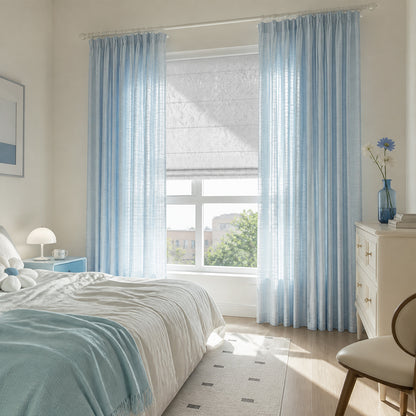 Berissa Ice Marble Texture Blackout No Tool Roman Shades adorning windows in a modern bedroom interior.