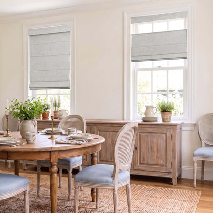 Elegant dining room featuring Berissa Charcoal Linen No Tool No Drill TDBU Roman Shades.