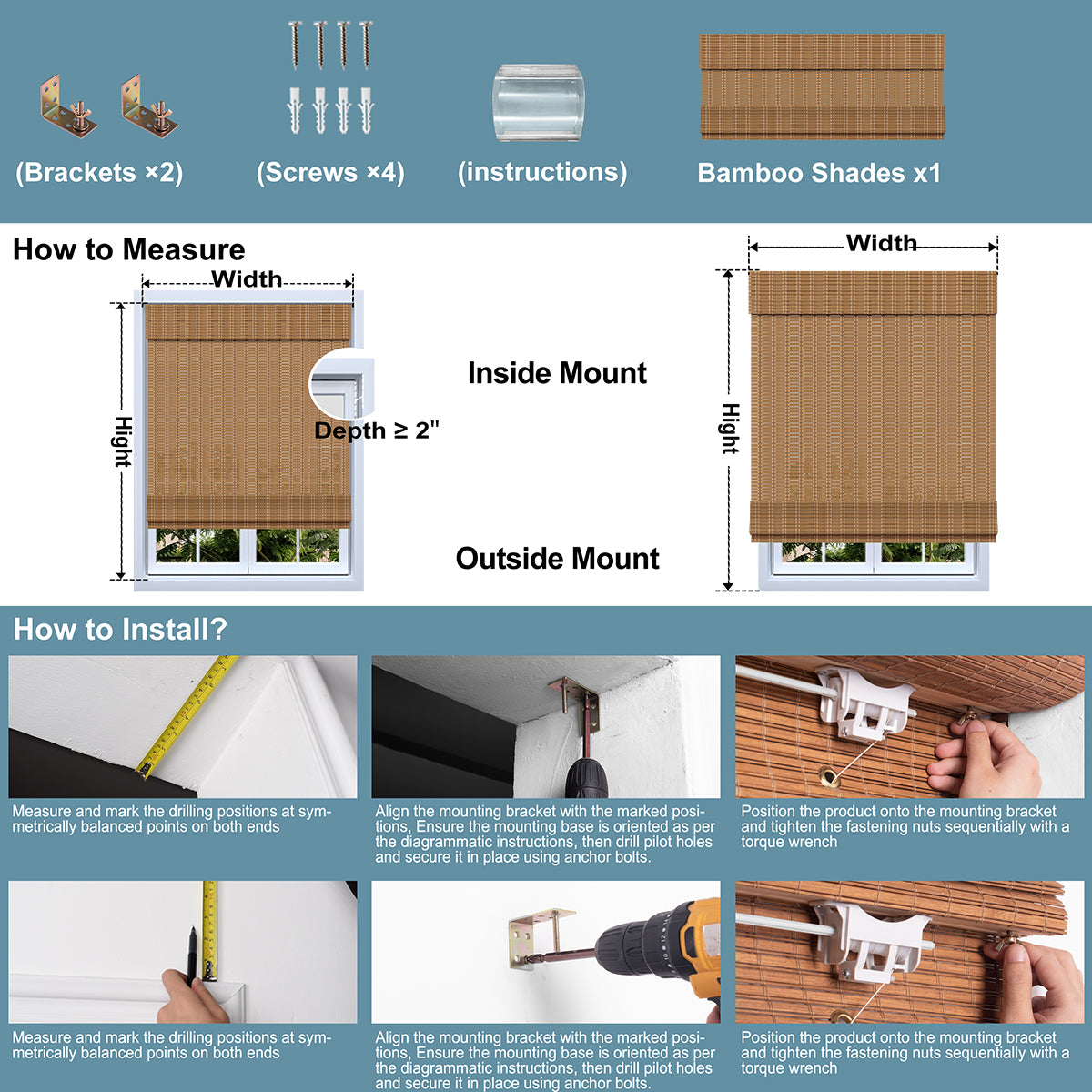 Berissa Motorized No-Drill Natural Bamboo Shades