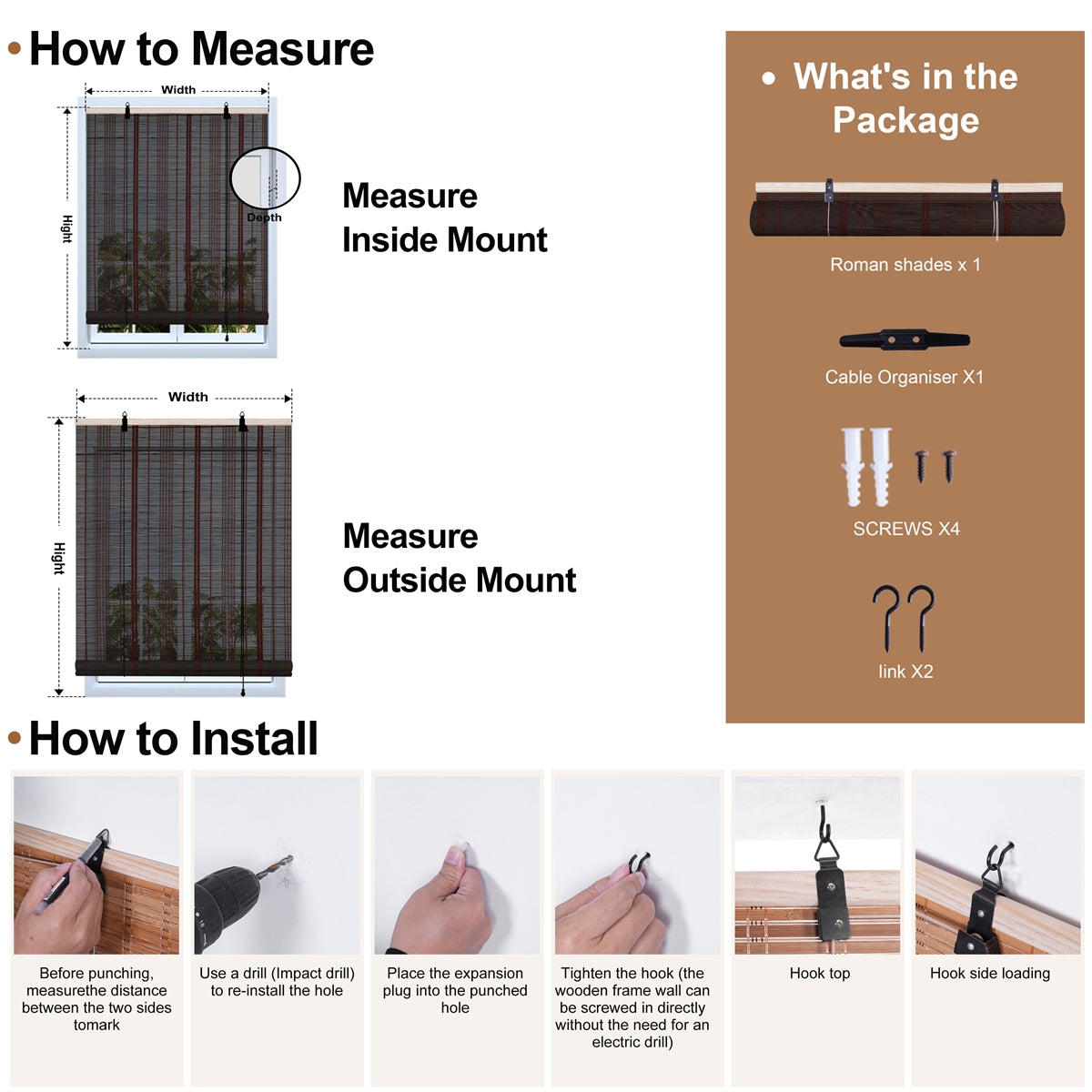 Berissa Custom Natural Outdoor Bamboo Roll Up Shades: Installation & Hardware Diagram