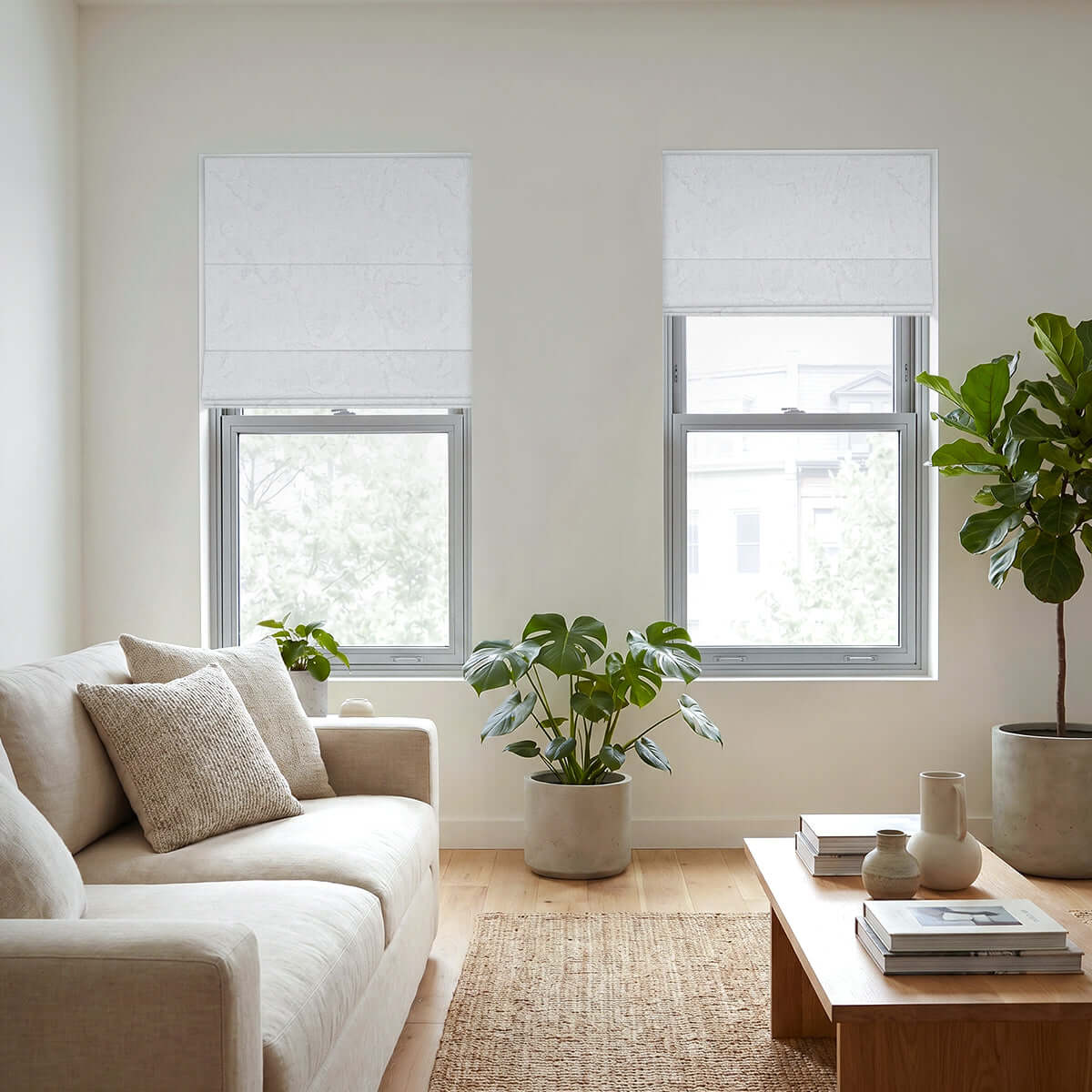 Berissa Ice Marble Texture Blackout No Tool Roman Shades in a modern living room with a cozy sofa and plants.