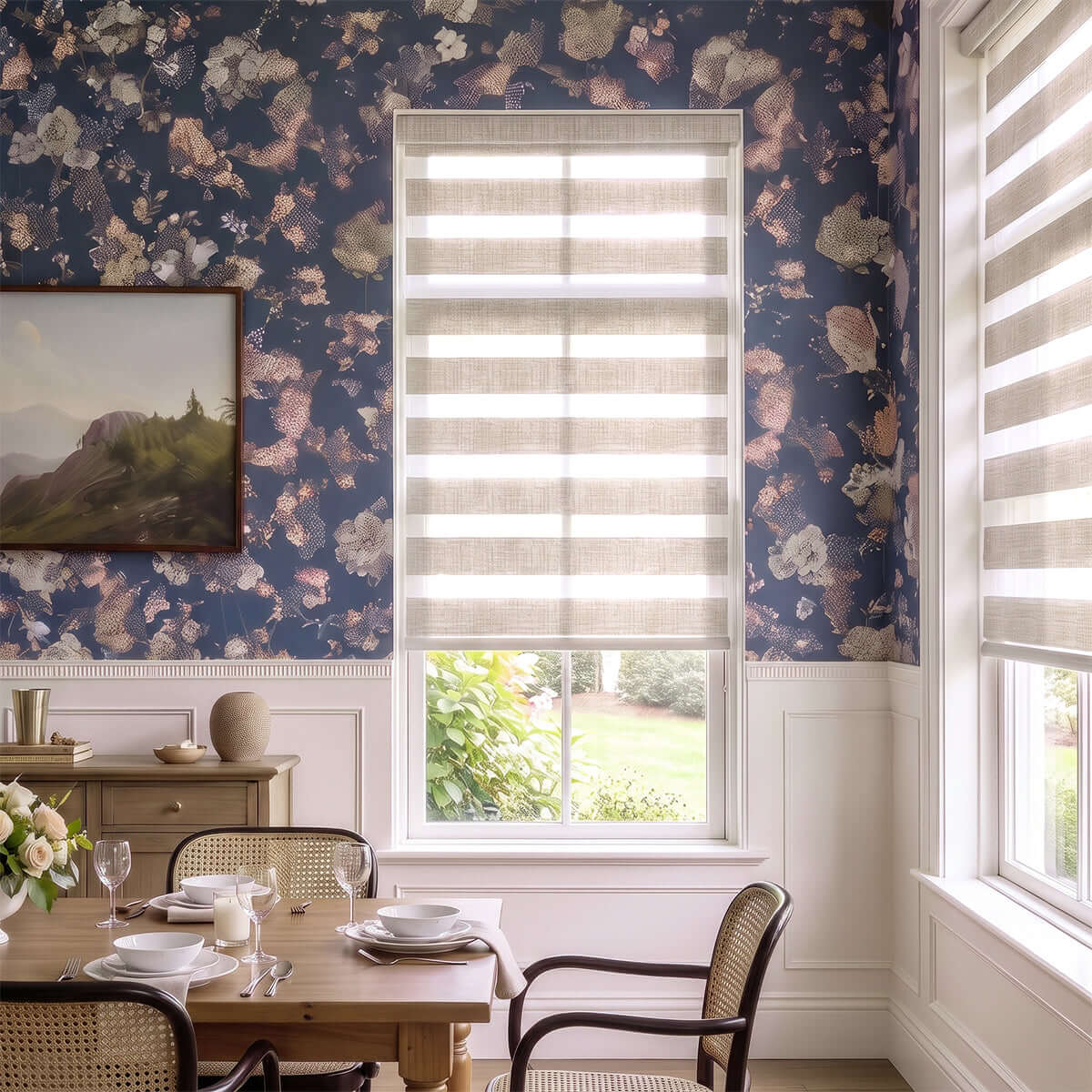 Bright interior featuring Berissa Custom No Drill Zebra Day Night Dual Roller Blind with warm-toned fabric and flower wallpaper.
