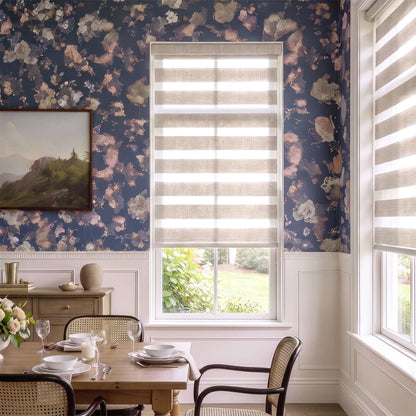 Bright interior featuring Berissa Custom No Drill Zebra Day Night Dual Roller Blind with warm-toned fabric and flower wallpaper.