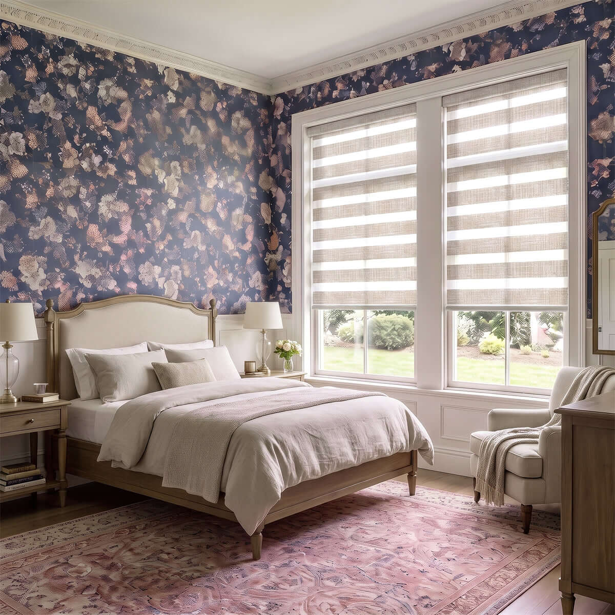 Berissa Custom No Drill Zebra Day Night Dual Roller Blind in a beautifully styled bedroom with floral wallpaper.