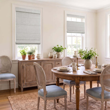 Berissa Charcoal Linen No Tool No Drill TDBU Roman Shades in a chic dining room setting.