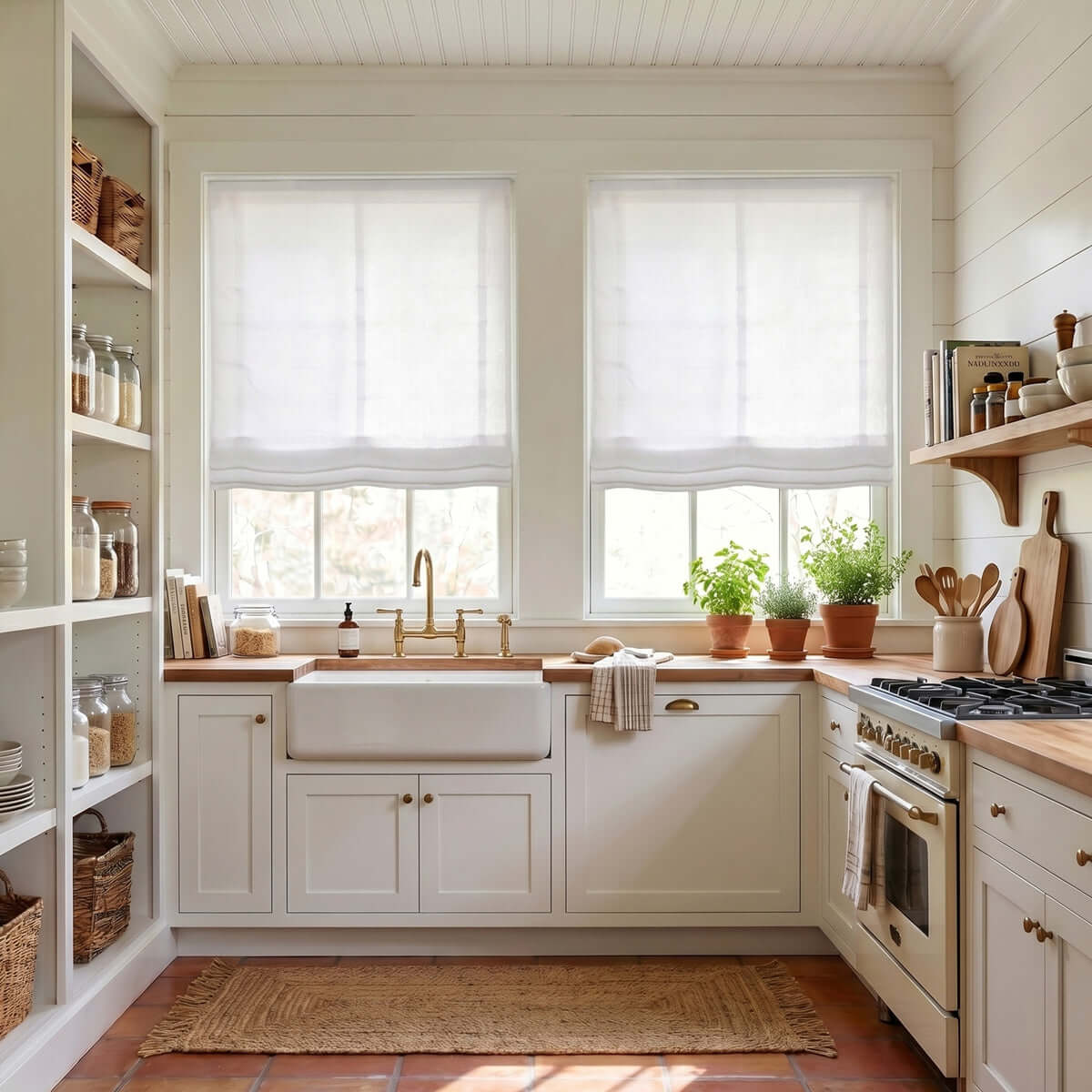 A beautifully designed kitchen featuring Berissa No Drill No Tool Soft Cotton Custom Relaxed Roman Shade on windows.
