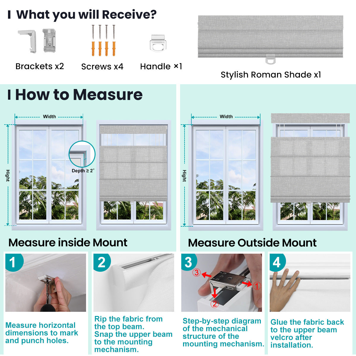 Berissa Top Down Bottom Up Classic Roman Shades installation guide with measurement instructions and components.