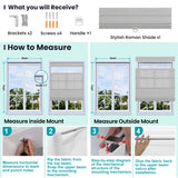 Berissa Top Down Bottom Up Classic Roman Shades installation guide with measurement instructions and components.
