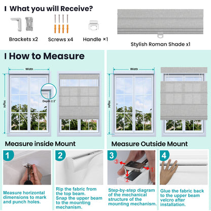Berissa Top Down Bottom Up Classic Roman Shades installation guide with measurement instructions and components.