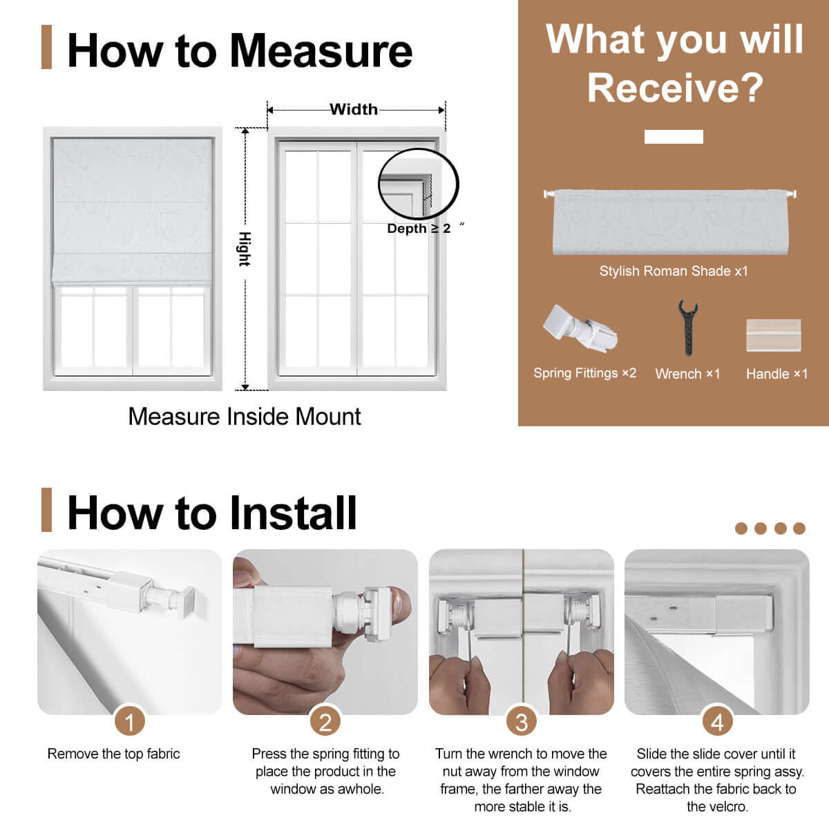 How to measure and install Berissa Ice Marble Texture Blackout No Tool Roman Shades for easy setup.