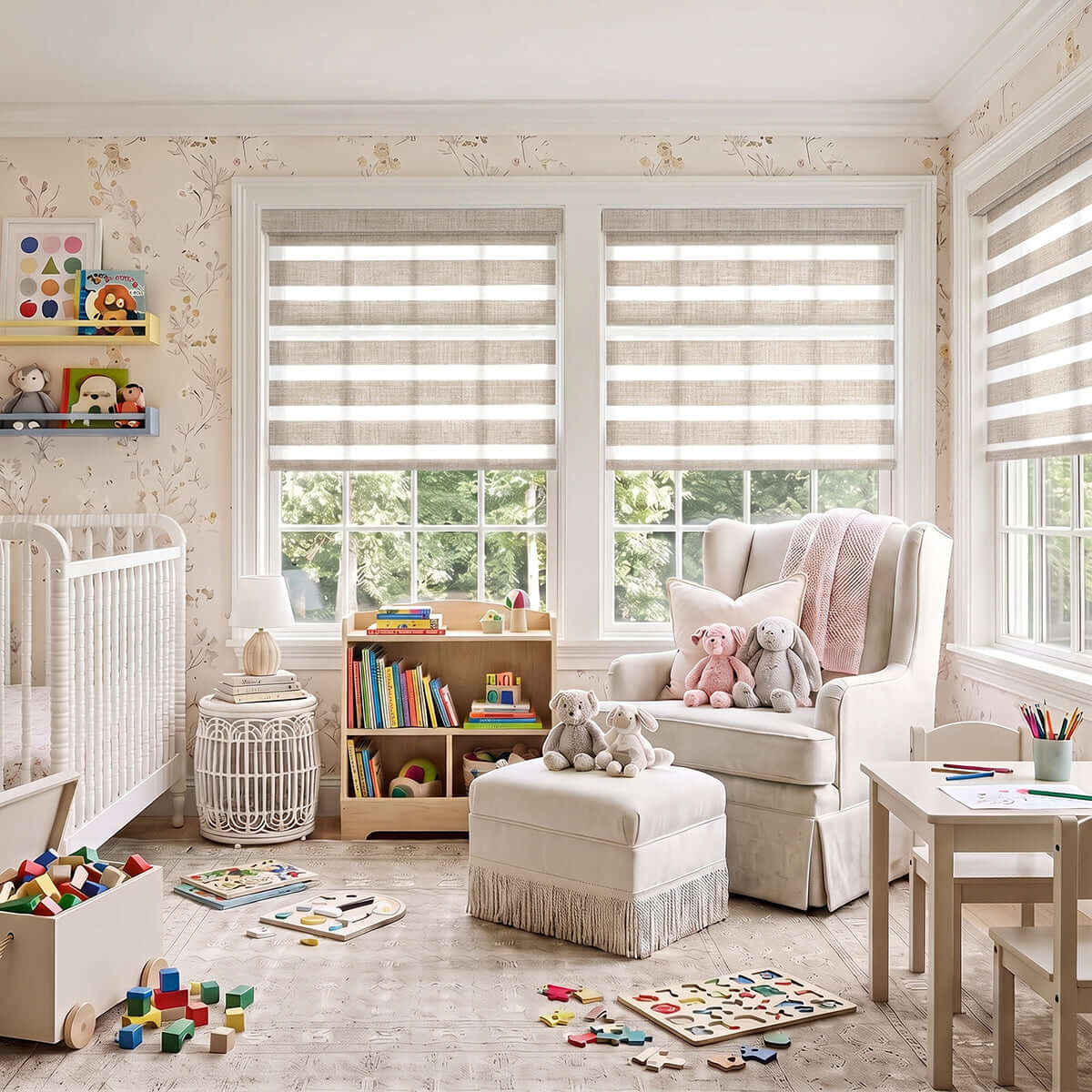 Bright nursery featuring Berissa Custom No Drill Zebra Day Night Dual Roller Blind with playful decor.