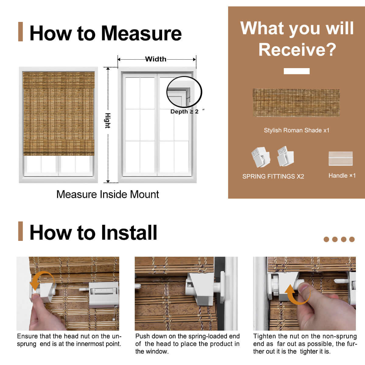 Berissa Natural Bamboo Ramie Woven No Drill No Tool Shades installation guide with dimensions and fittings.